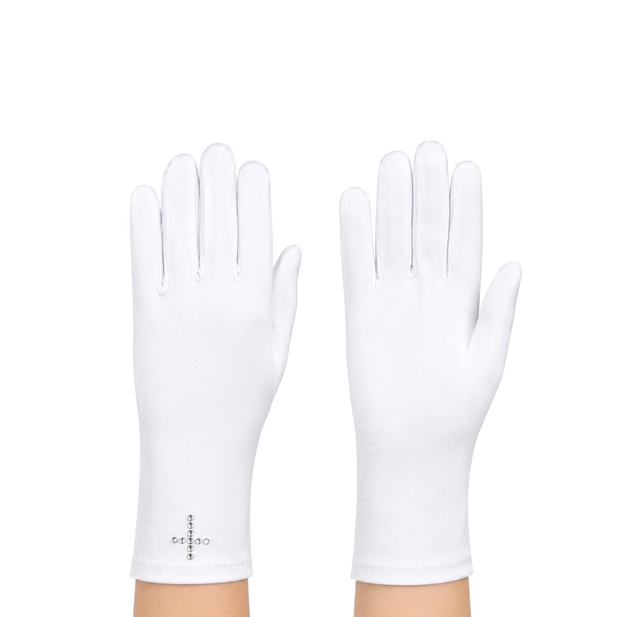 Girls' White Satin Gloves with Rhinestone Cross