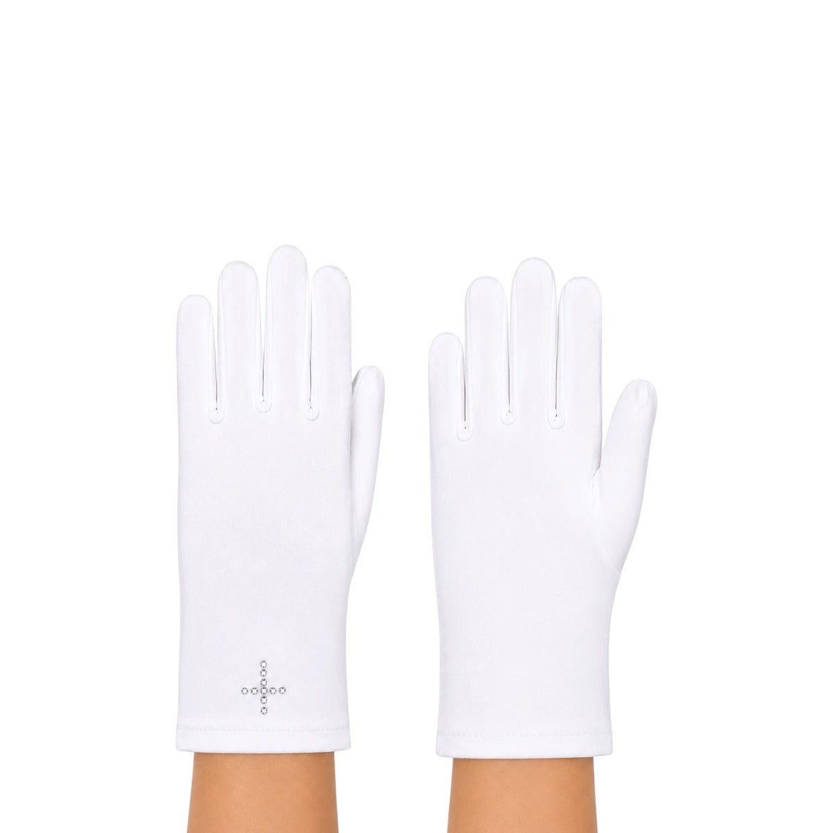 Girls' White Satin Gloves with Rhinestone Cross