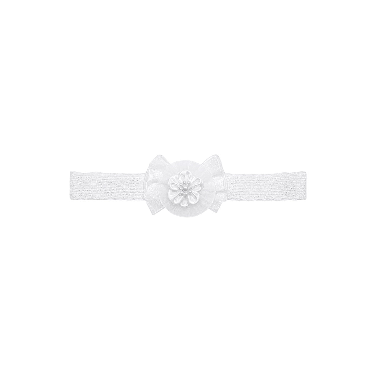 Baby White Lace Headband with Organza Flower & Pearl Center