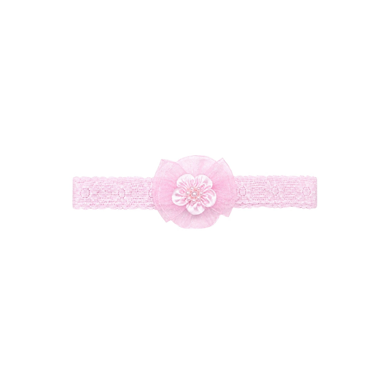 Baby Pink Lace Headband with Organza Flower & Pearl Center