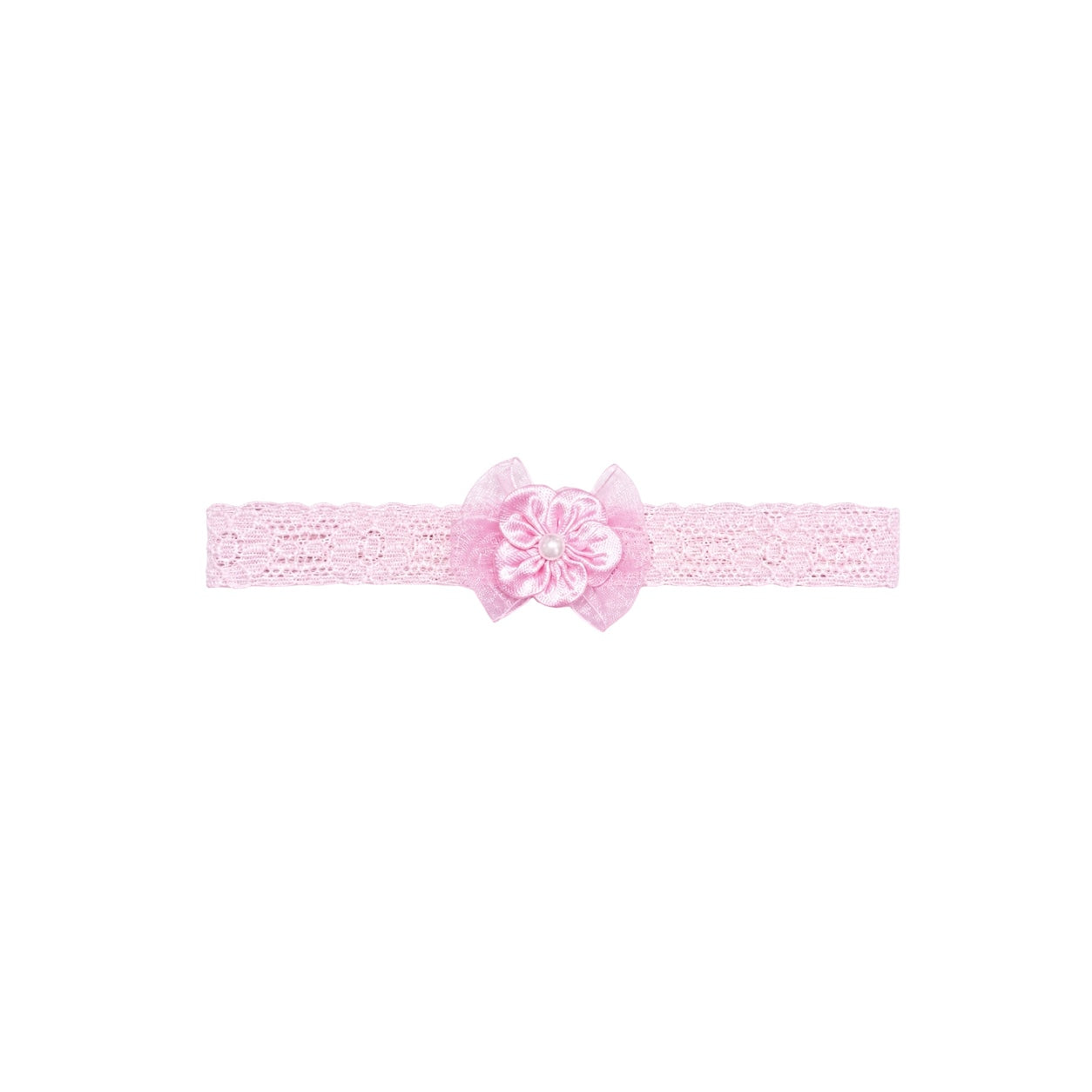 Baby Pink Lace Headband with Organza Bow & Pearl Center