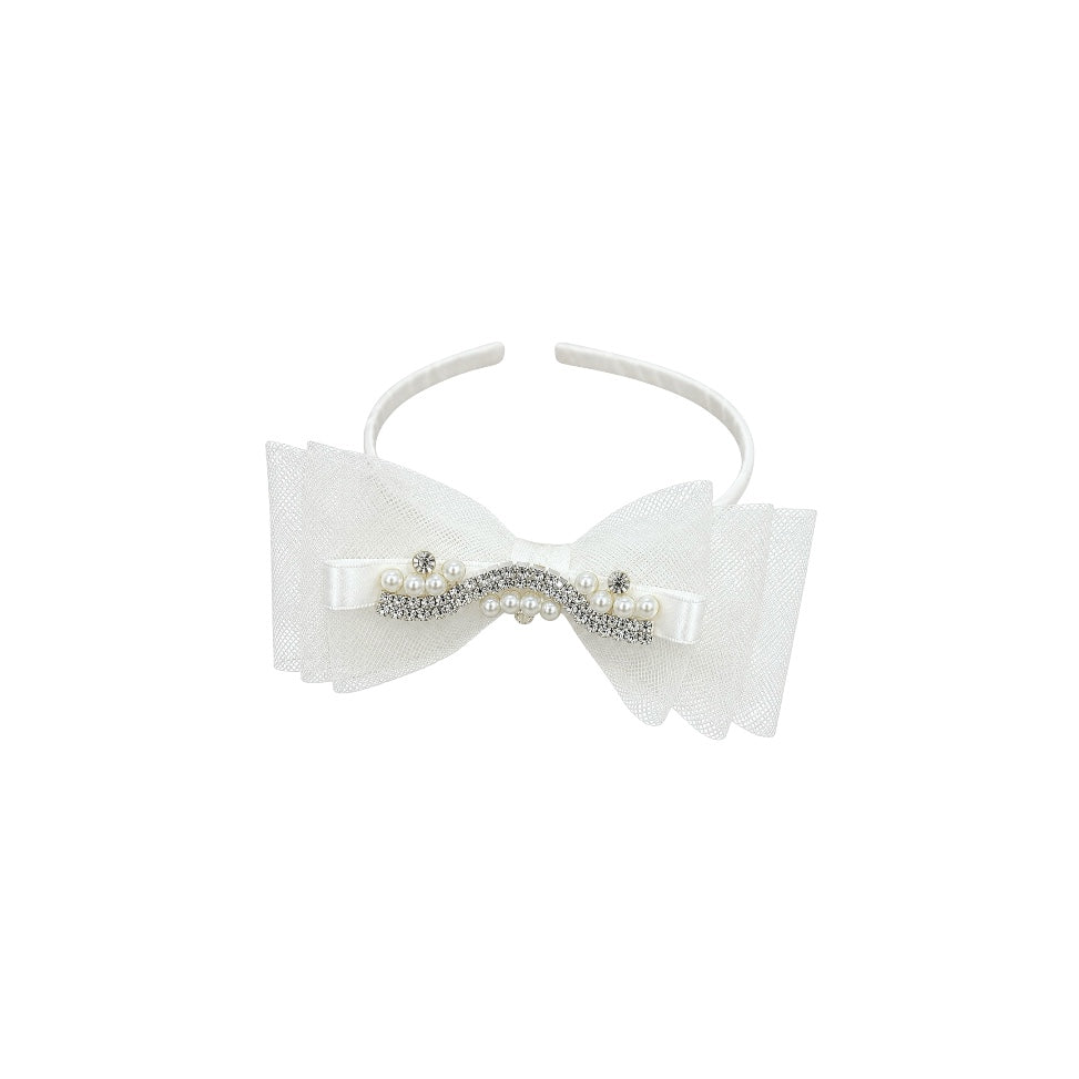 Removable Organza Bow Headband with Pearls & Rhinestones