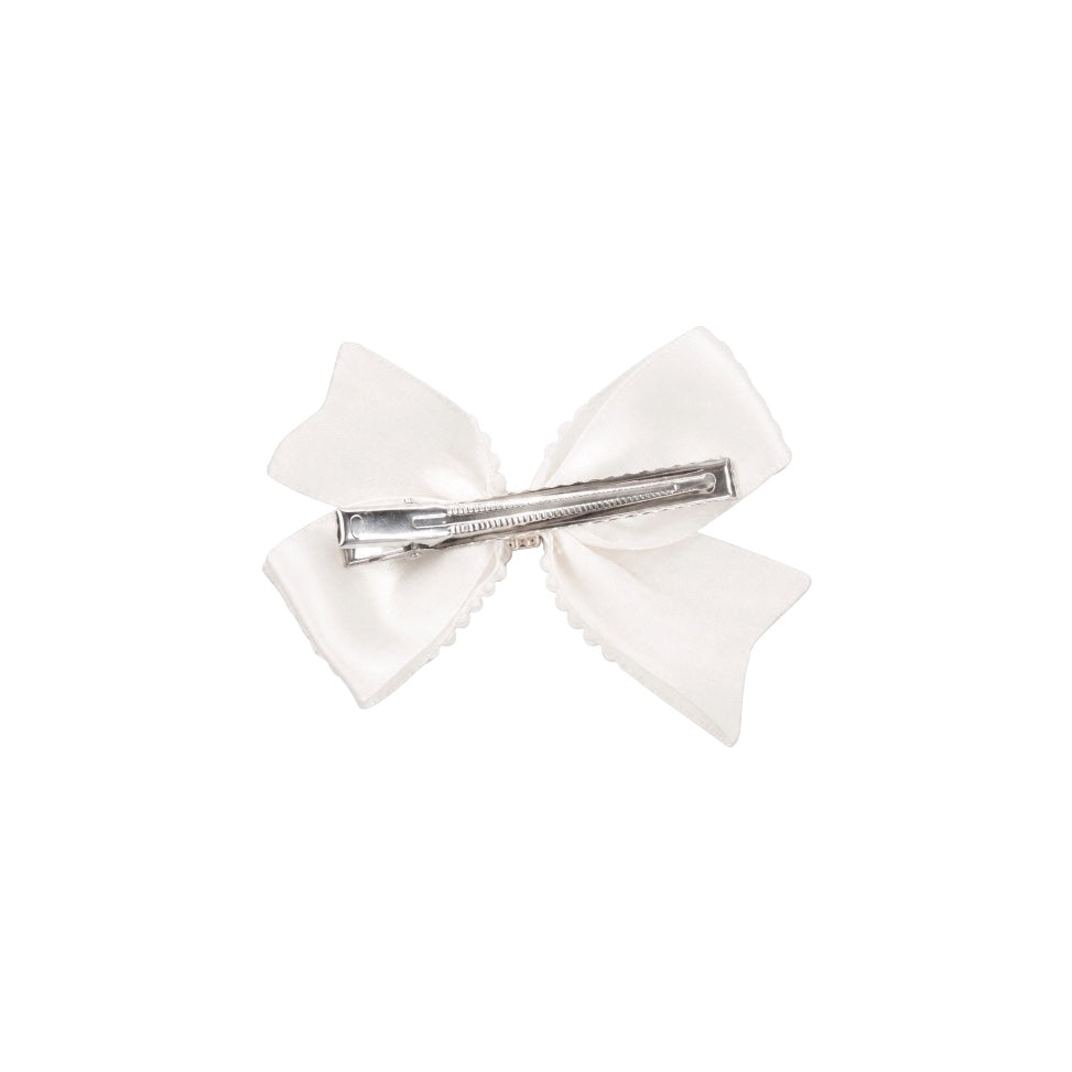 Large Faux Pearl Bow Hair Clip with Rhinestone Center