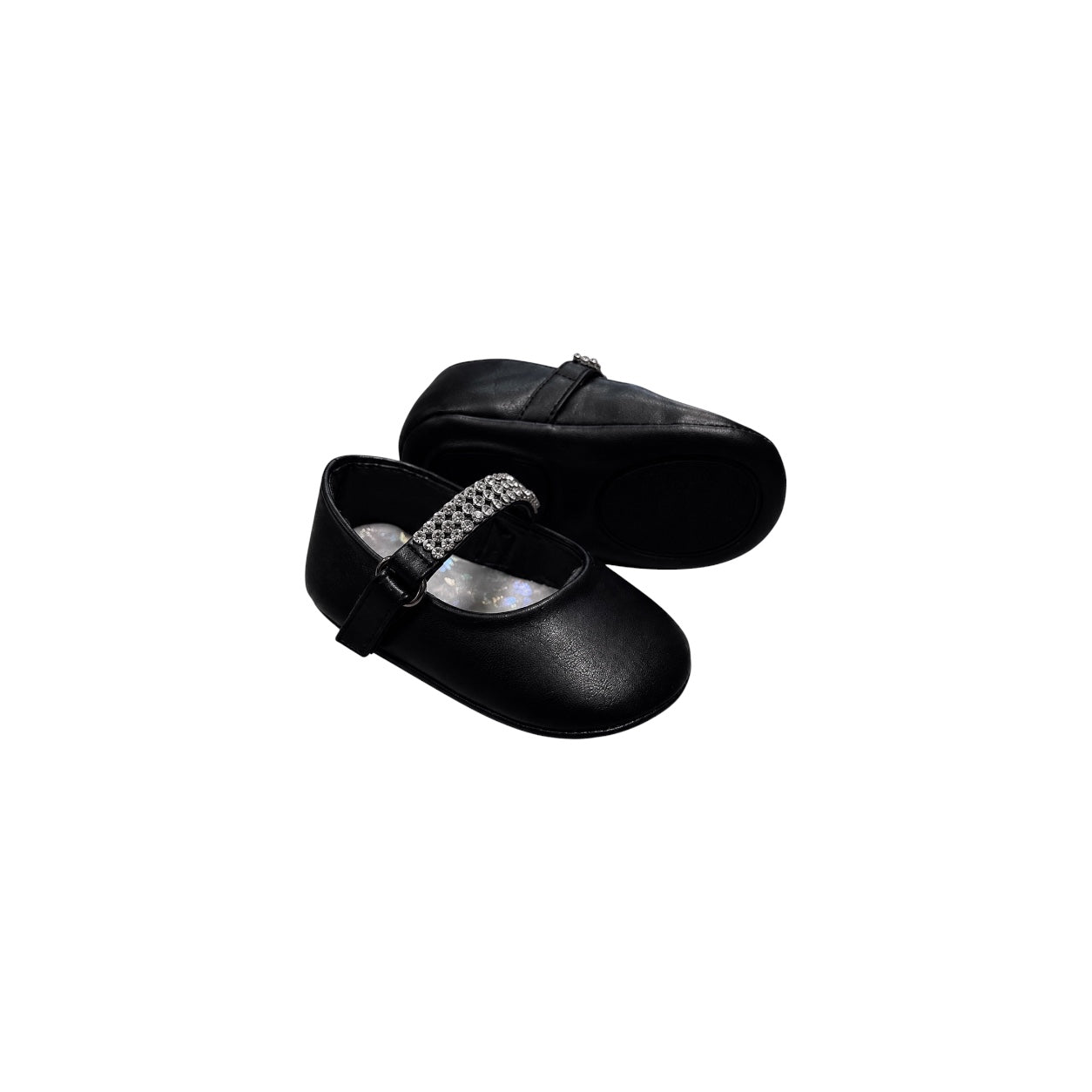 Fancy Kids Black Rhinestone Strap Pre-Walker Dress Shoes (Soft Sole)