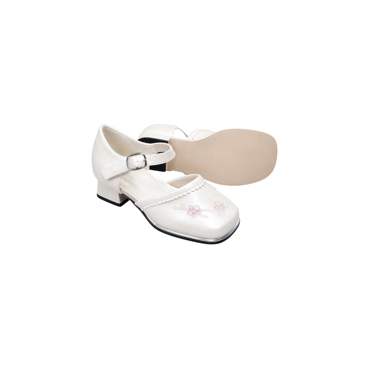 Jolene Girls' Floral Embroidered Ivory Block Heel Dress Shoes