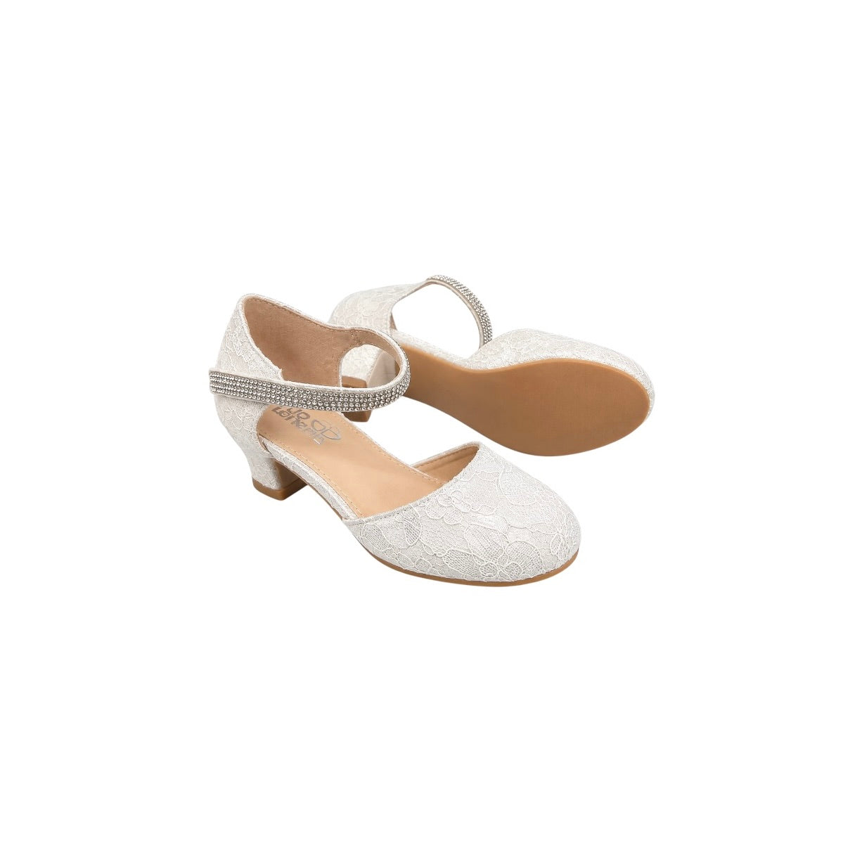Jolene Girls' Off White Lace Dress Heel with Rhinestone Ankle Strap