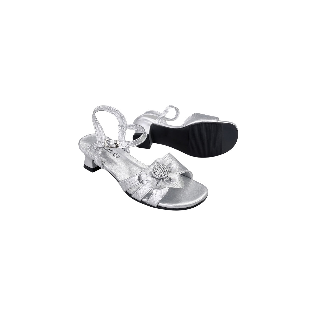 Jolene Silver Flower-Embellished Open-Toe Kitty Heel Sandals