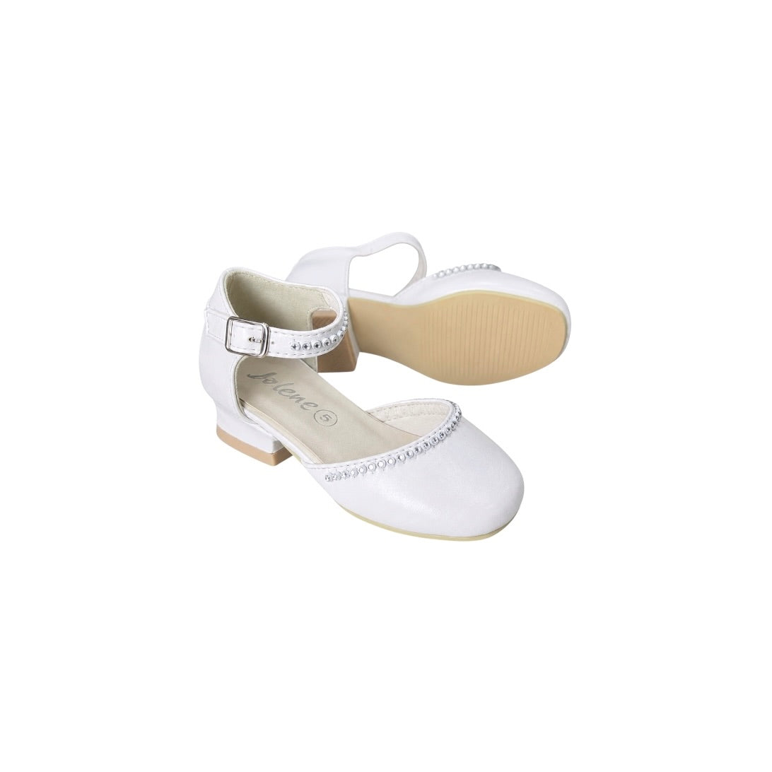 Jolene White Satin Low Heel Dress Shoes with Rhinestone Trim & Ankle Strap