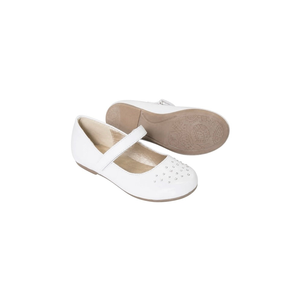 Jolene Girls' Rhinestone Accent White Ballet Flats with Velcro Strap