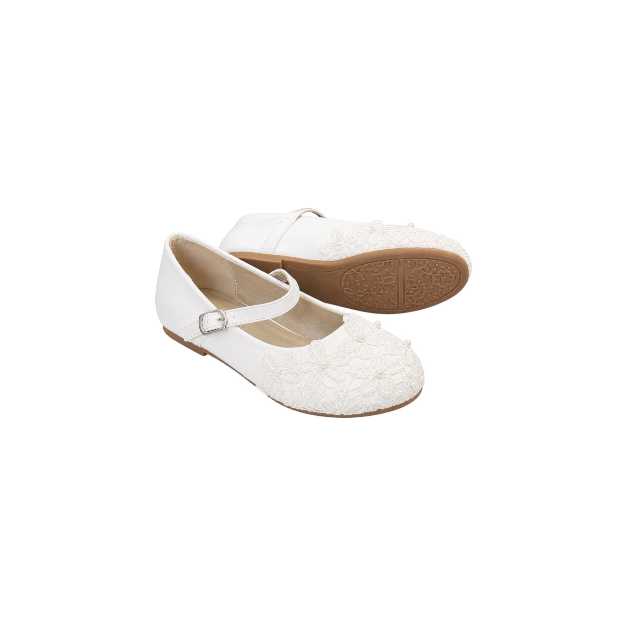 Jolene Girls' Ivory Floral Lace Pearl Dress Flats