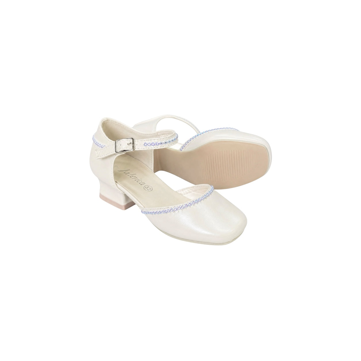 Jolene Ivory Satin Low Heel Dress Shoes with Rhinestone Trim & Ankle Strap