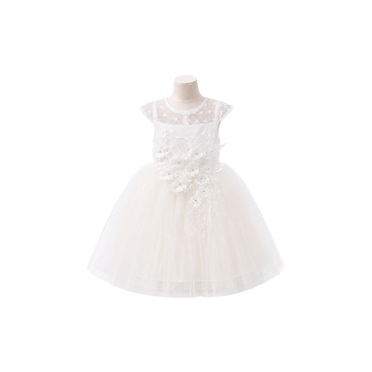 Baby Girl Floral Lace Dress with Pearl Appliqués & Layered Tulle Skirt