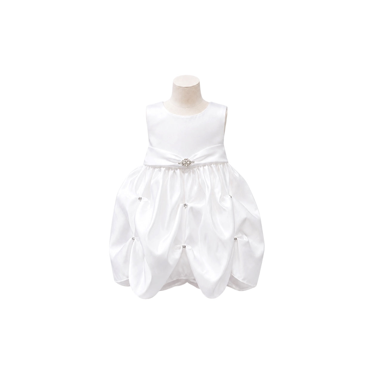 Sleeveless Baby Girl White Satin Bubble Dress with Rhinestone Brooch