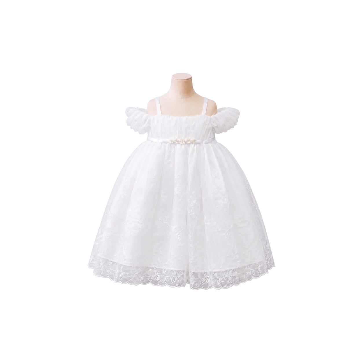 Off-Shoulder Baby Girl White Baptism Gown with Embroidered Organza Cape & Matching Bonnet