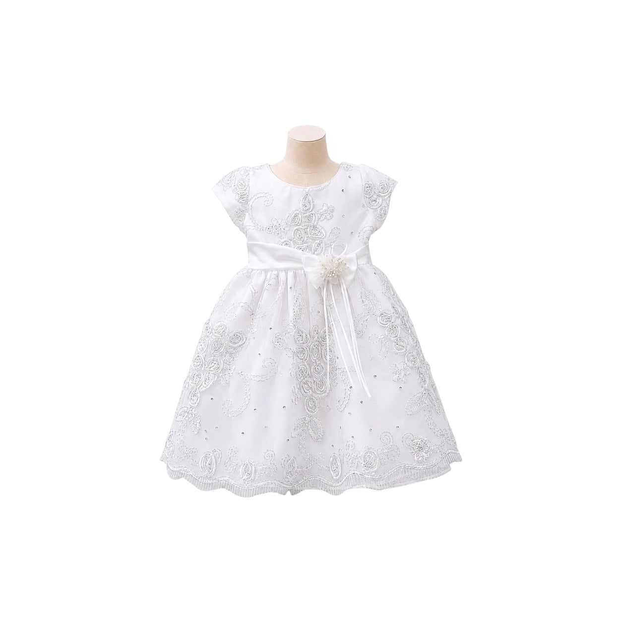 Baby Girl Embroidered Cap Sleeve Dress with Satin Bow Sash