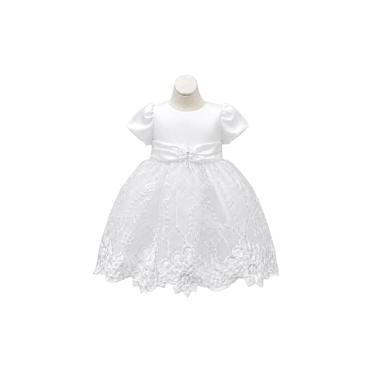 3-Piece Baby Girl White Floral Embroidered Christening Dress with Organza Cape & Matching Bonnet