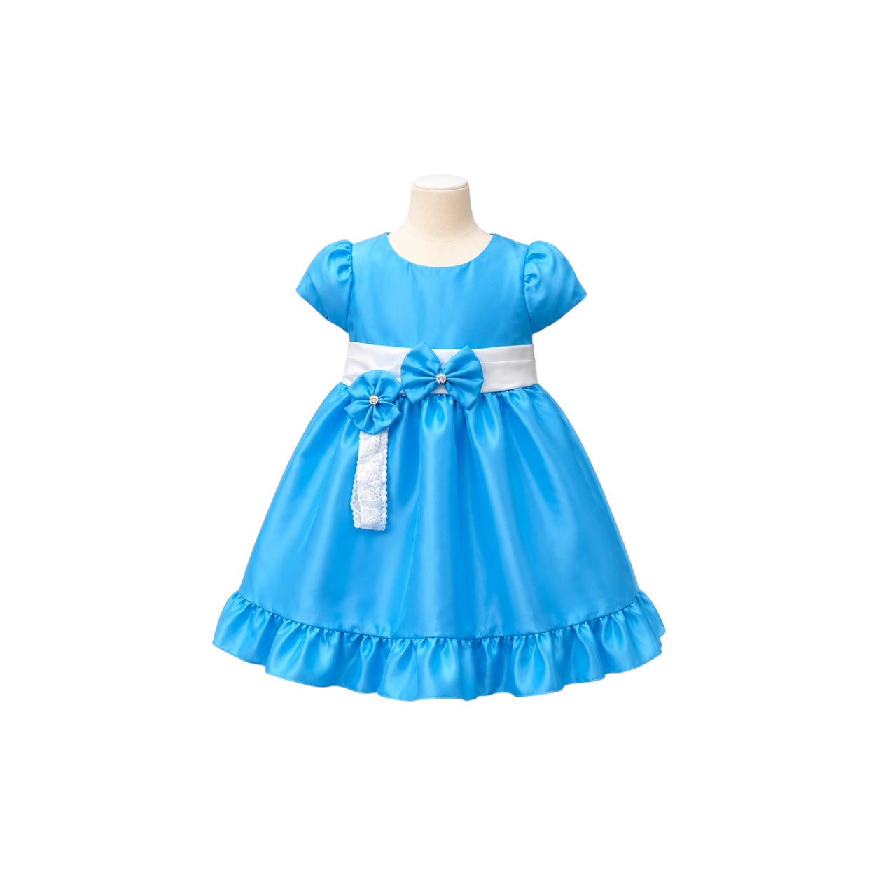 Baby Girl Sky Blue Satin Party Dress with White Sash, Bow & Matching Headband (3-6 months)