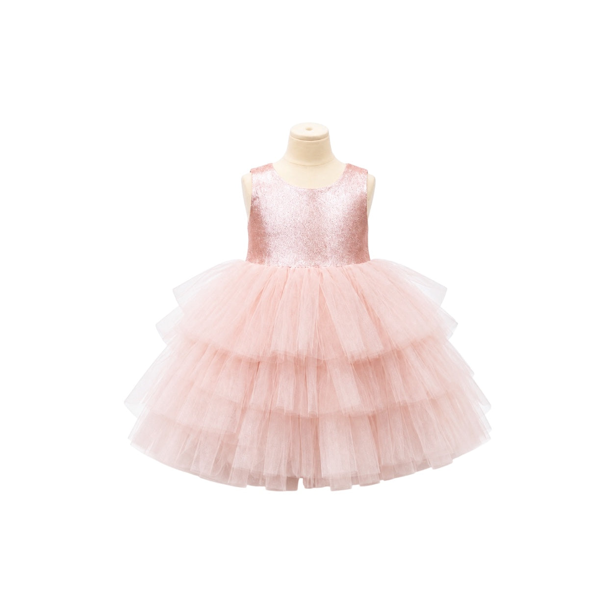 Baby Girl Rose Gold Glitter Tiered Tulle Dress with Rhinestone Waist & Matching Headband