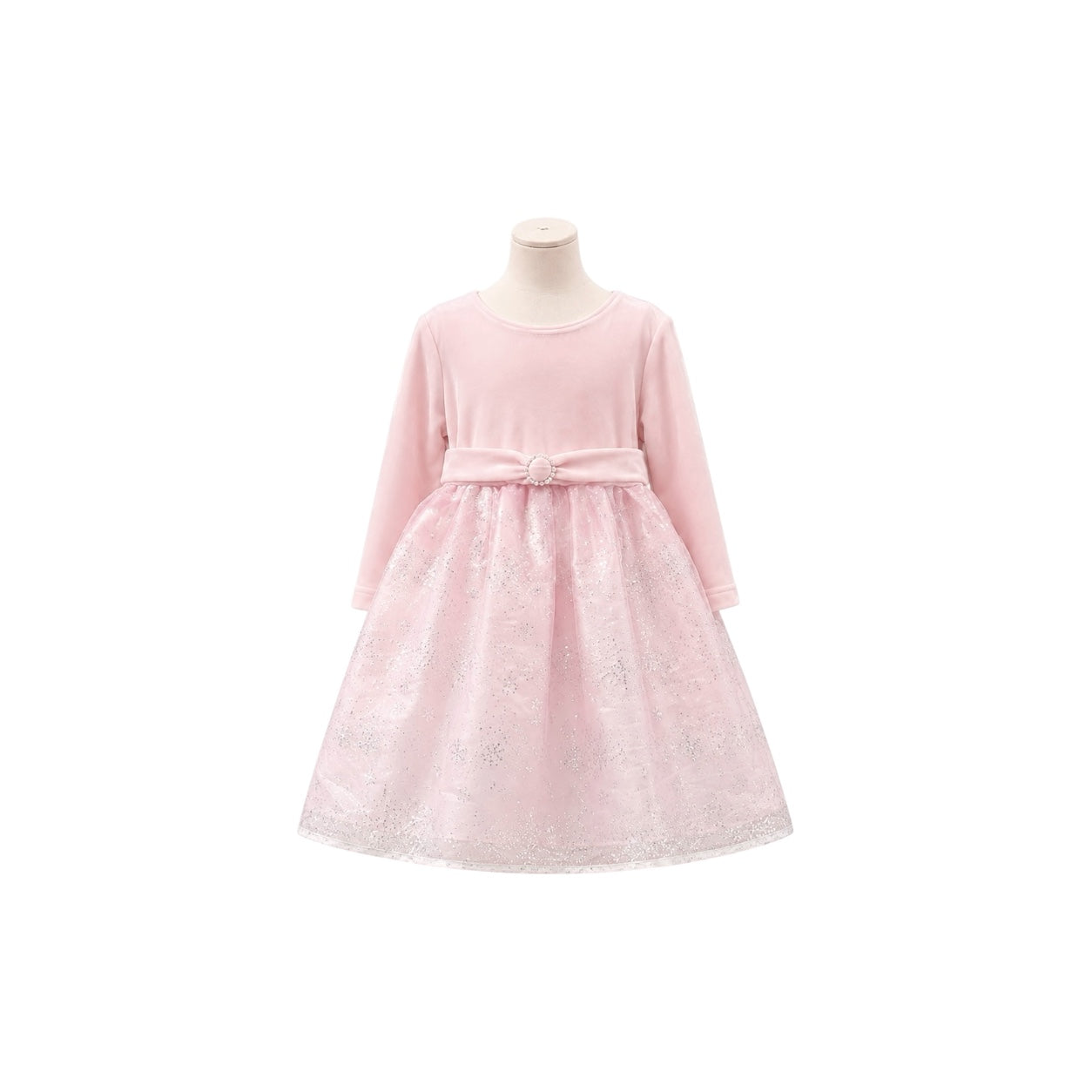 Baby Girl Long Sleeve Blush Pink Sparkle Dress with Velvet Bodice & Rhinestone Brooch (24 Months)