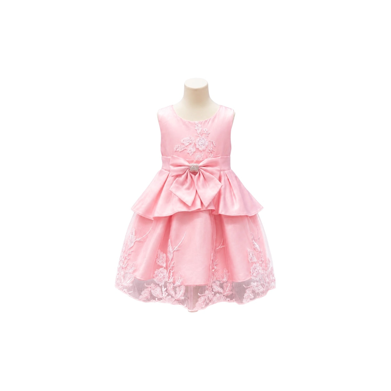 Fancy Kids Pink Floral Embroidered Satin & Tulle Baby Dress with Bow