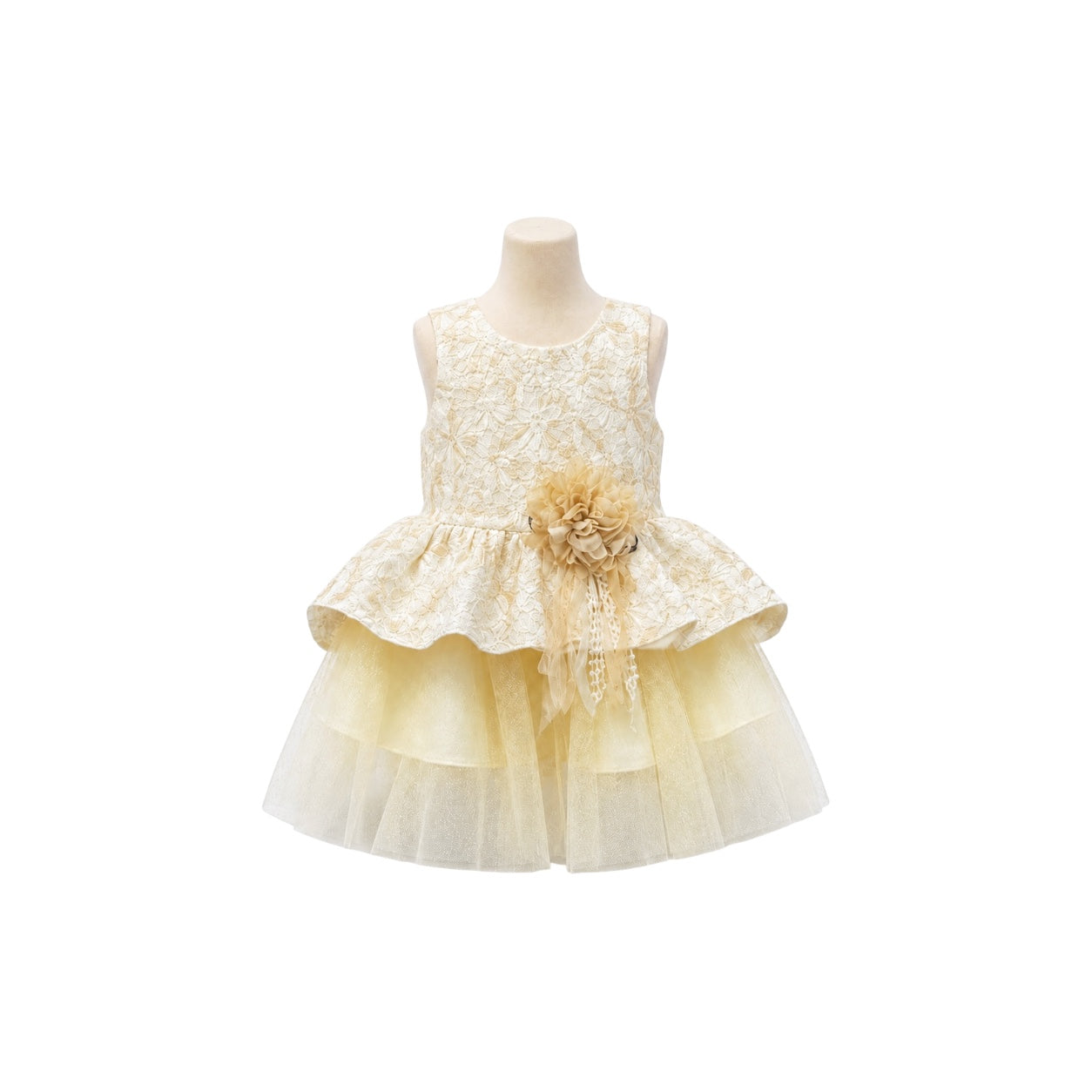 Fancy Kids Gold Floral Lace & Layered Tulle Baby Party Dress with Rosette