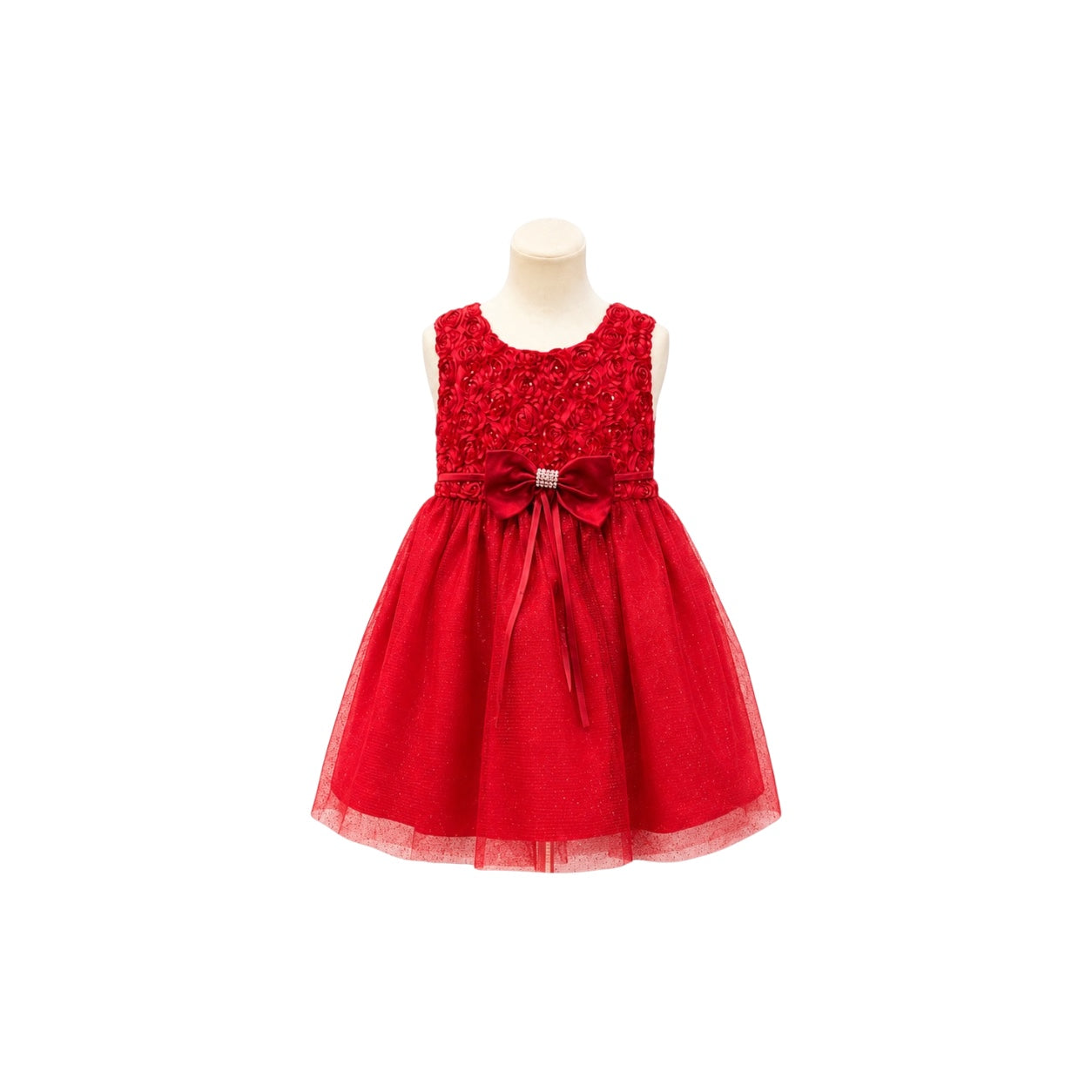 Baby Girl Coral Floral Rosette Glitter Tulle Dress with Rhinestone Bow & Matching Headband (6-9 months)