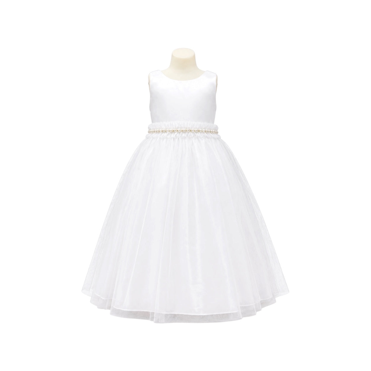 White Tea-Length Satin & Tulle Dress with Pearl Rhinestone Waistband (Size 14)