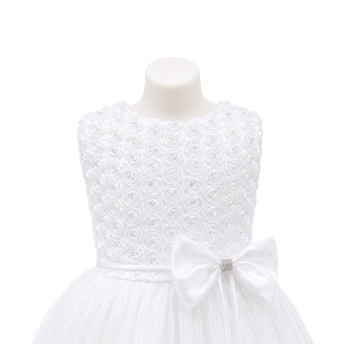 White Rosette Bodice Glitter Tulle Tea-Length Girls' Formal Dress with Satin Bow