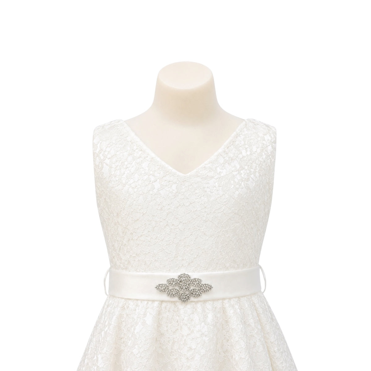 Sleeveless Ivory Lace Ankle-Length Dress with Rhinestone Sash (Size 10)