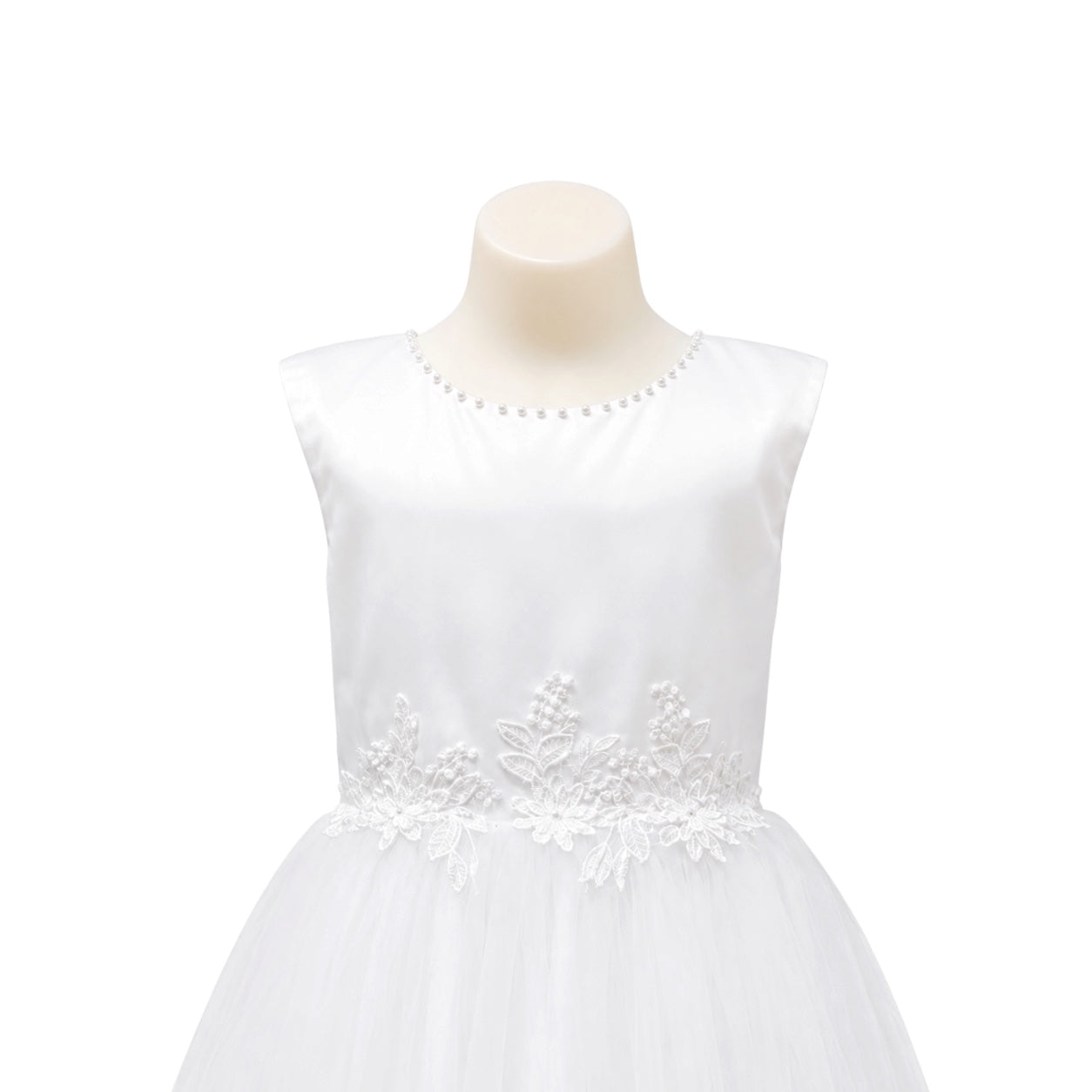 Cap Sleeve Girls' Formal Dress with Pearl Neckline, Lace Waist & Layered Tulle Skirt