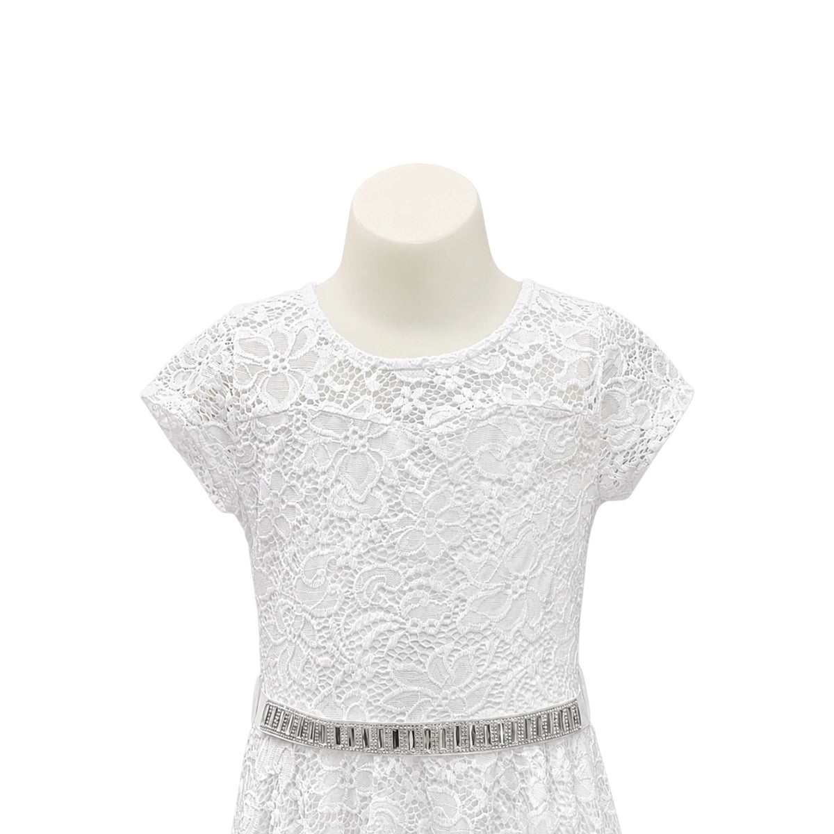 White Floral Lace Tea-Length Dress with Rhinestone Waistband