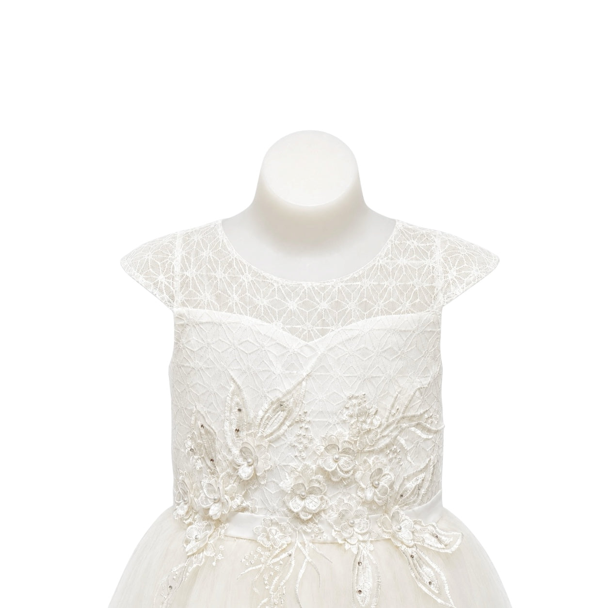 Ivory Cap Sleeve Girls' Formal Dress with Floral Embroidered Lace Bodice & Layered Tulle Skirt