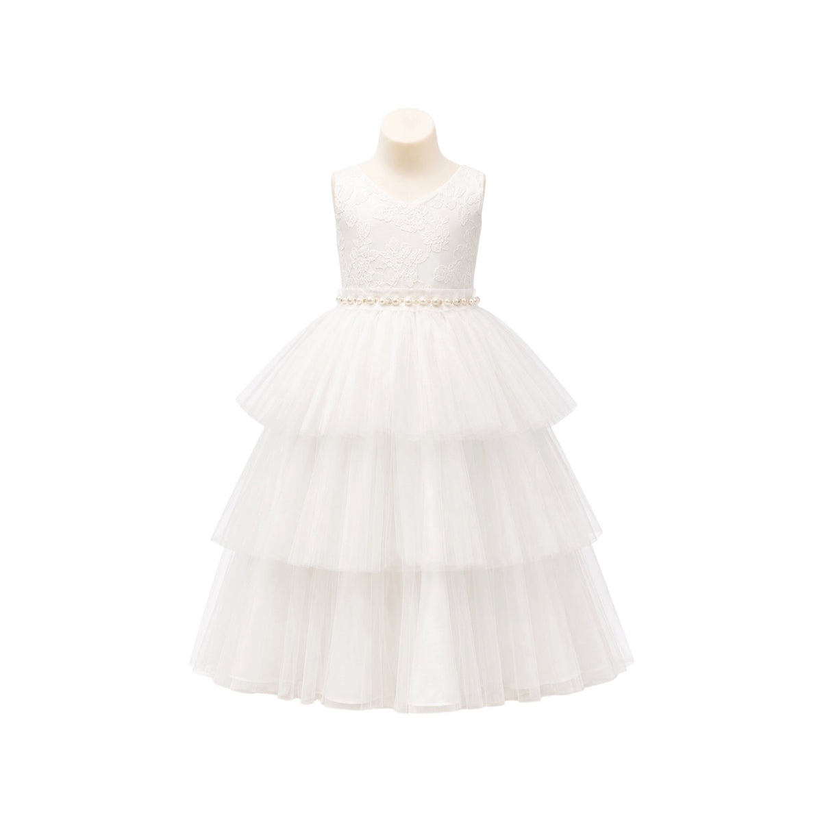 Off-White Floral Embroidered Tiered Tulle Dress with Pearl Waist (Size 12)