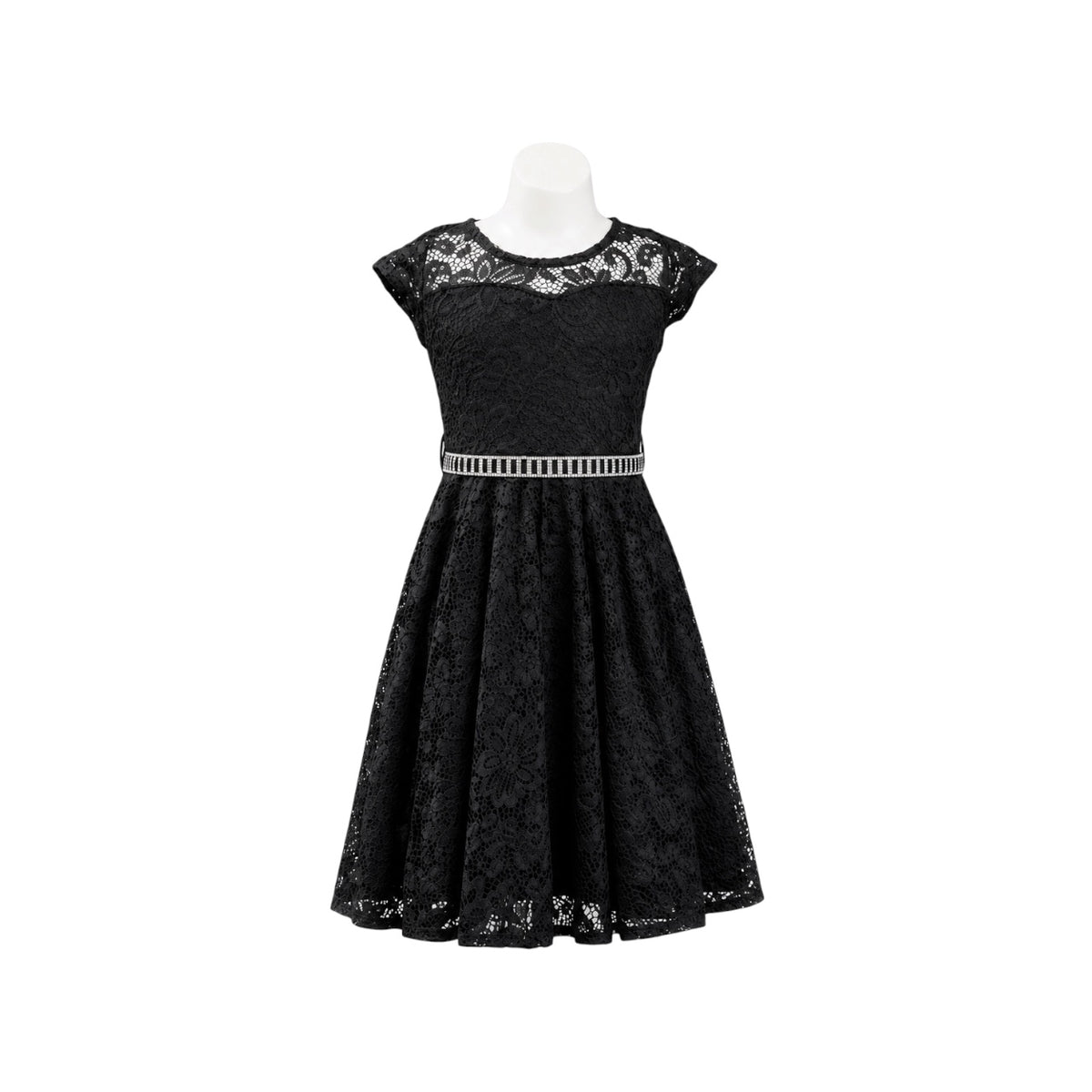 Black Floral Lace Tea-Length Dress with Rhinestone Waistband