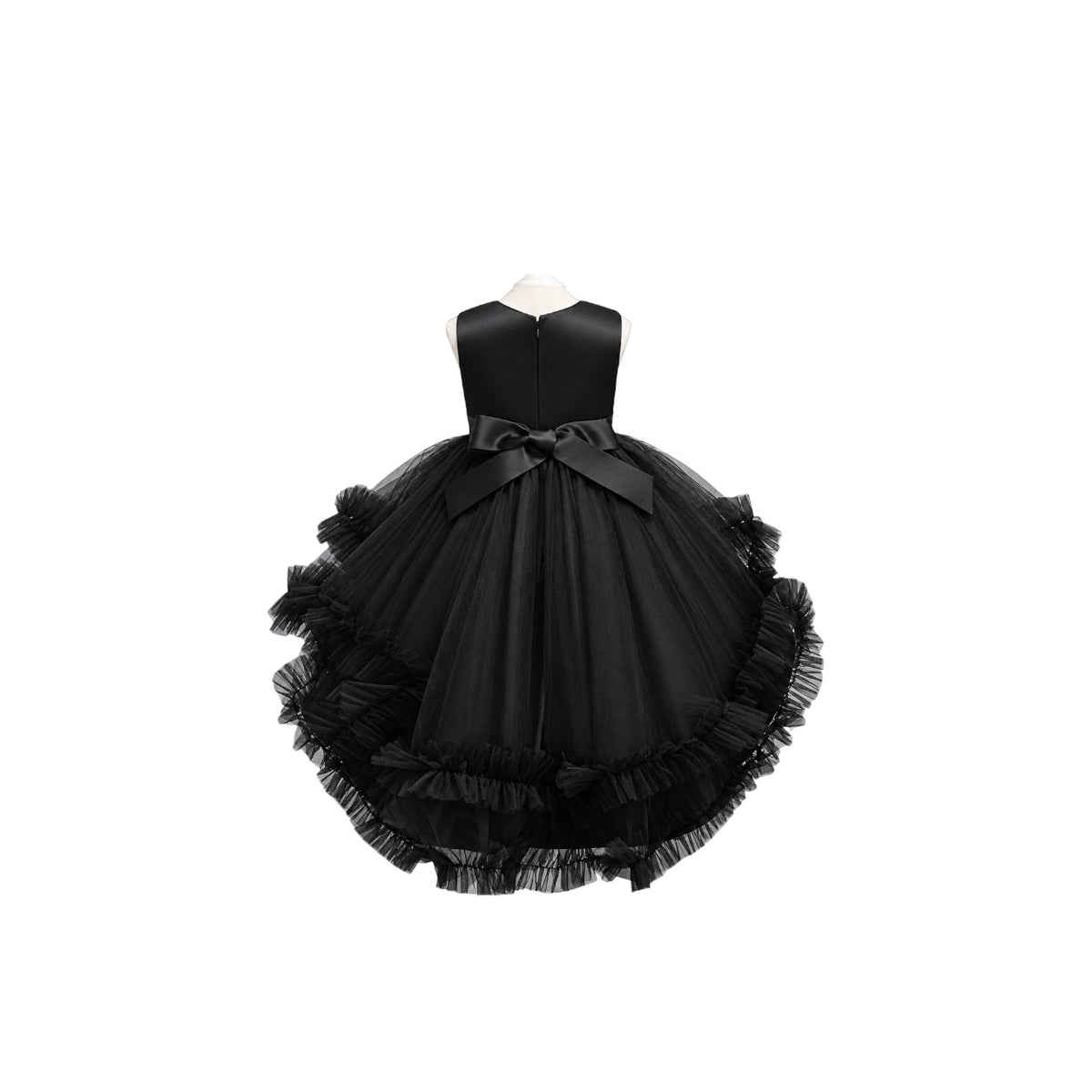Black Embroidered Sequin Floral High-Low Tulle Dress with Tiered Ruffle Skirt (Size 6)