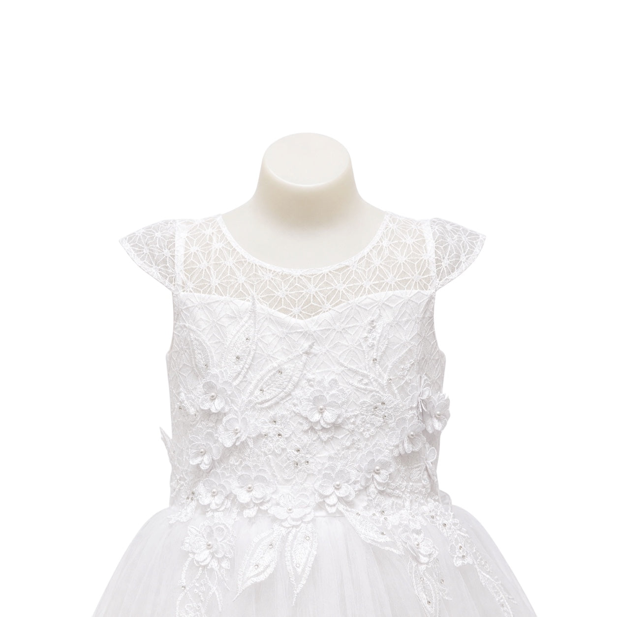 White Cap Sleeve Girls' Formal Dress with Floral Embroidered Lace Bodice & Layered Tulle Skirt
