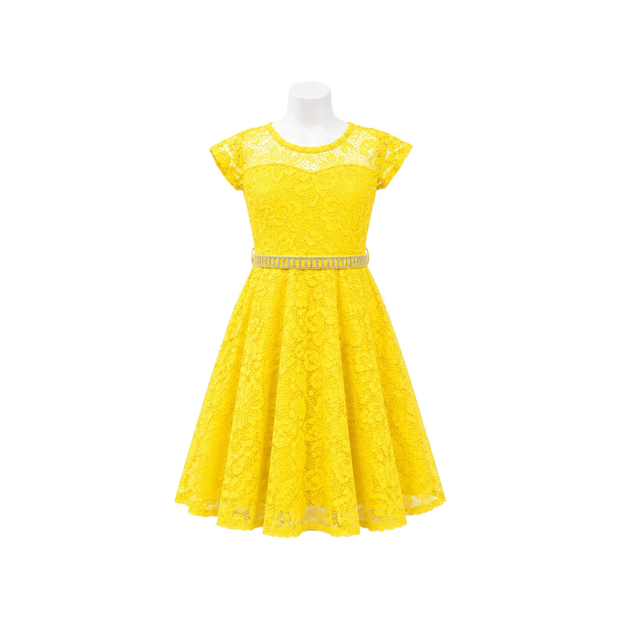 Yellow Floral Lace Tea-Length Dress with Rhinestone Waistband