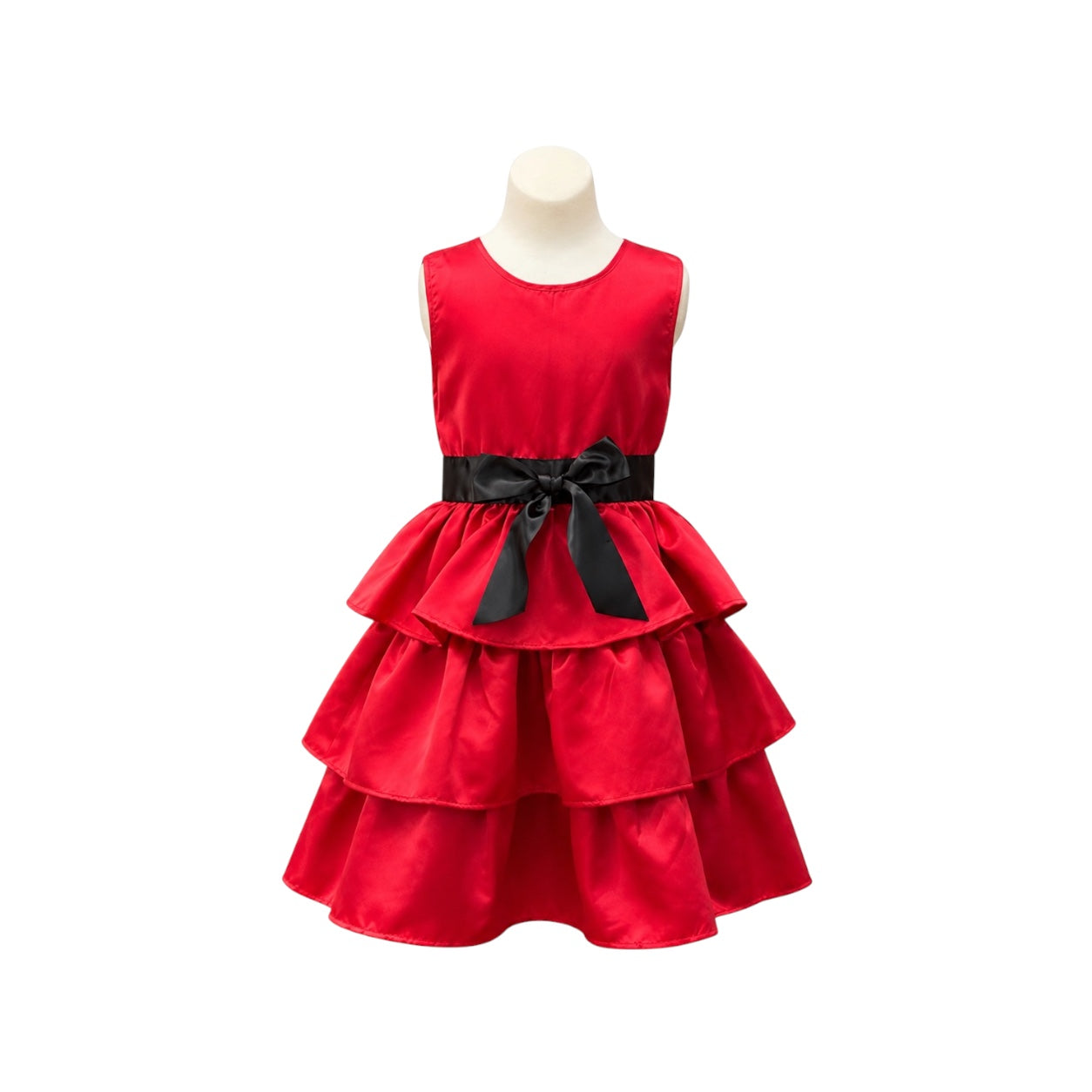 Red Tiered Satin Dress with Black Sash & Bow