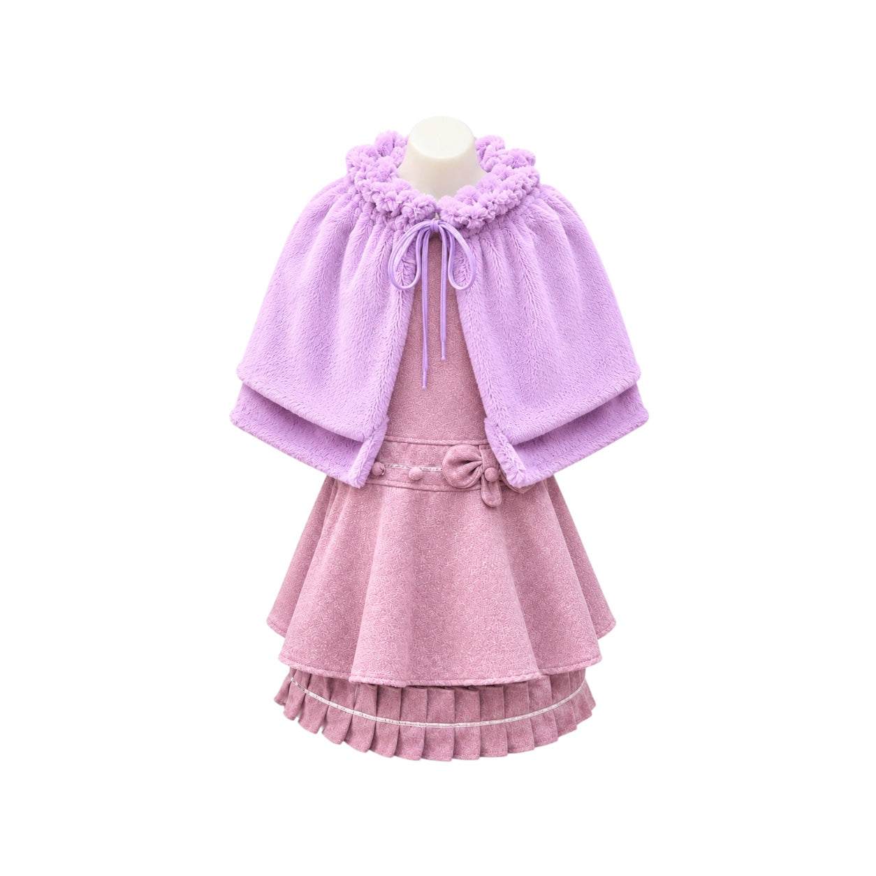 Dusty Purple Textured Dress with Bow Detail & Faux Fur Cape
