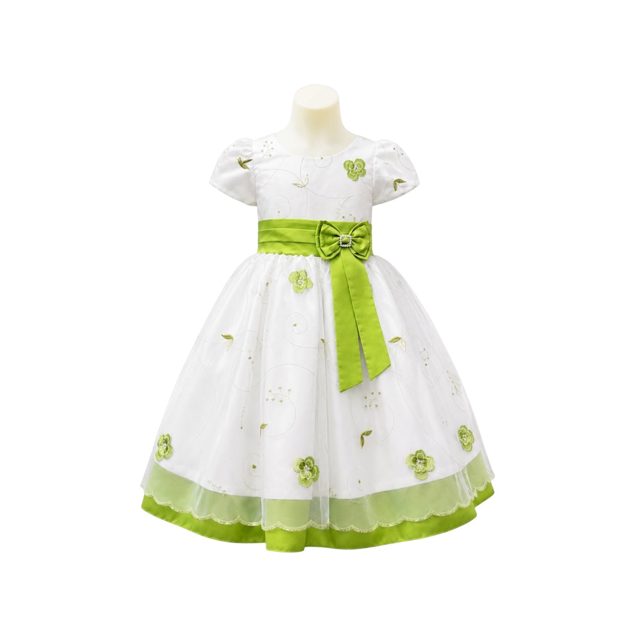 White & Green Floral Embroidered Dress with Satin Bow (Size 2/3)