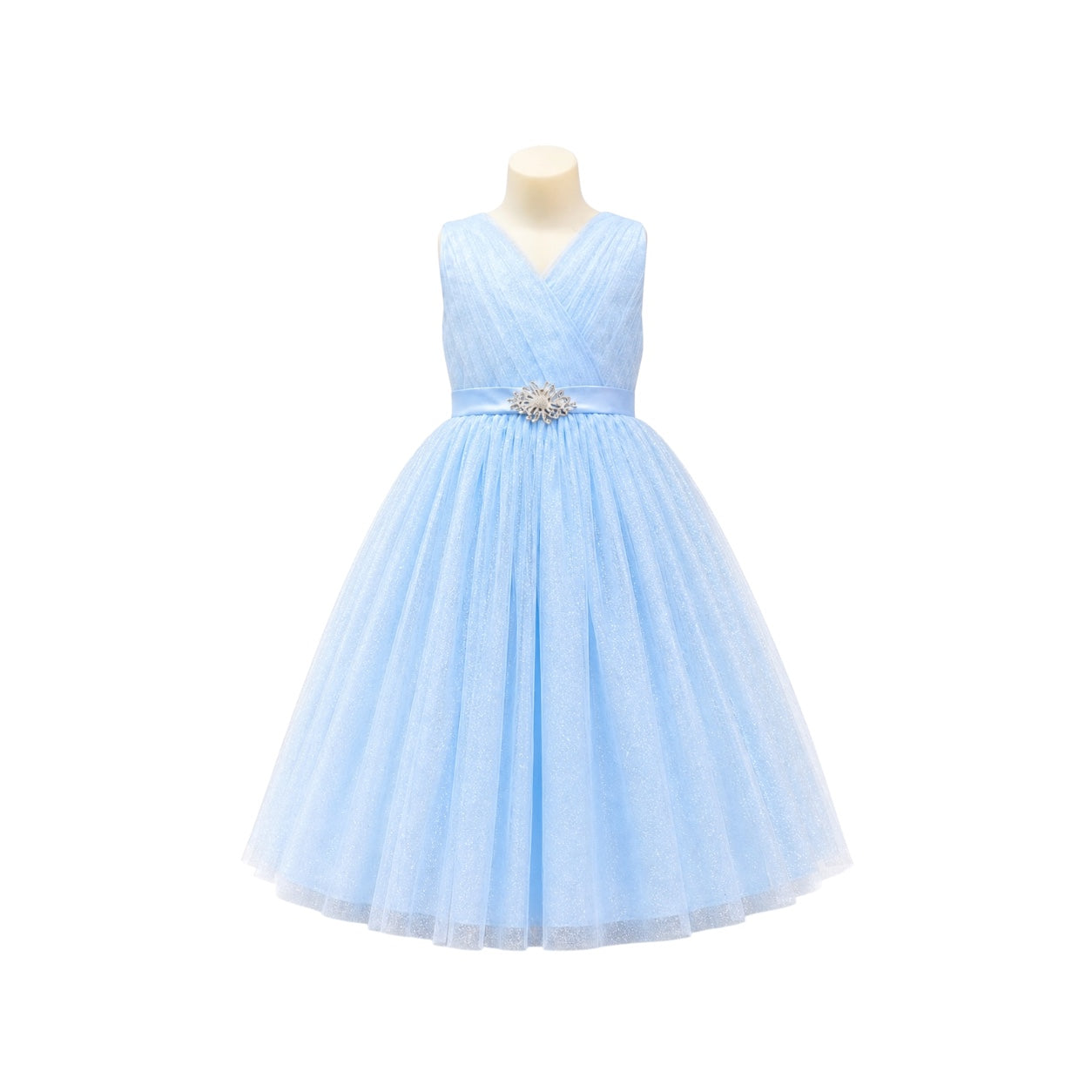 Sky Blue Glitter Tulle Dress with Pleated V-Neck & Rhinestone Brooch