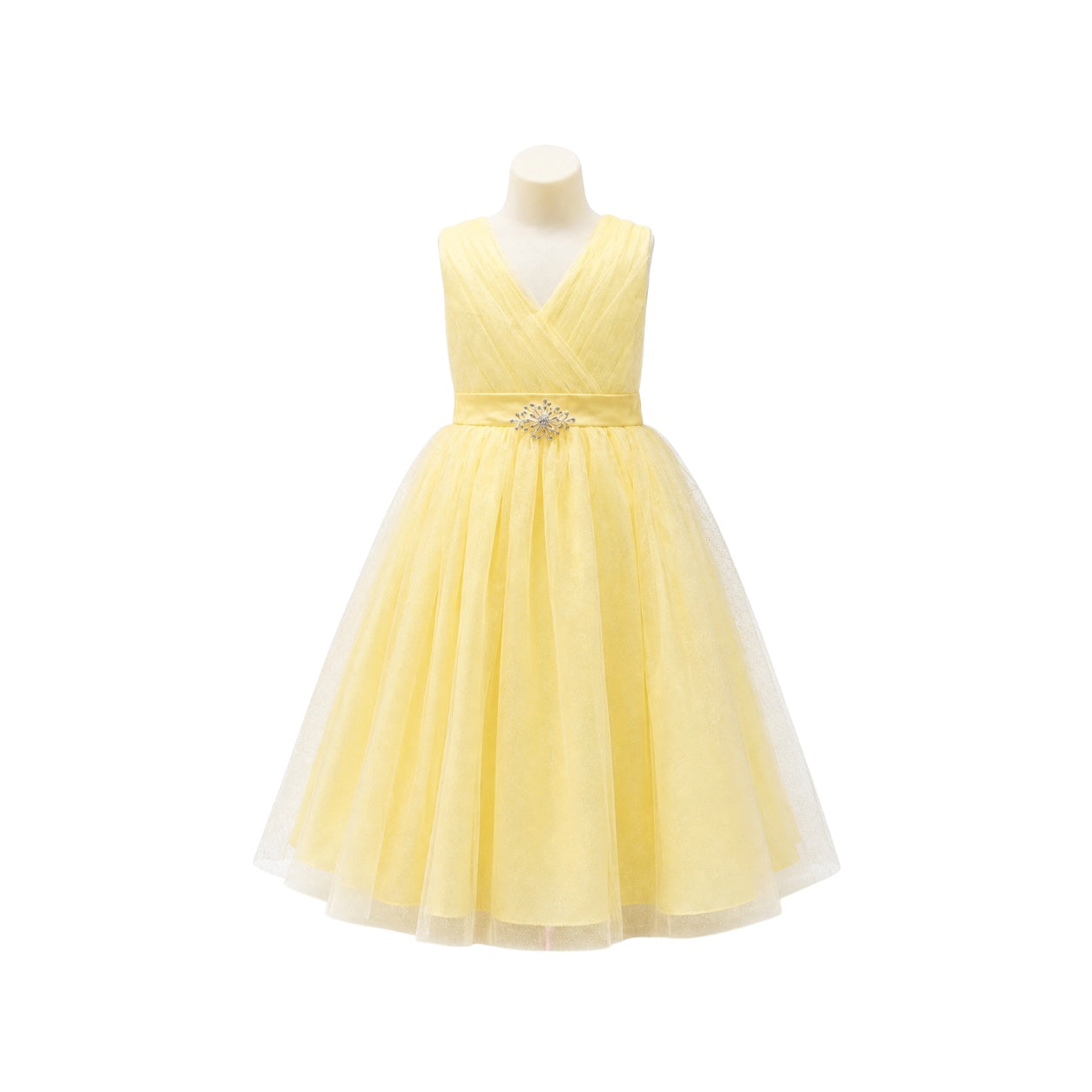 Yellow Glitter Tulle Dress with Pleated V-Neck & Rhinestone Brooch (Size 10)
