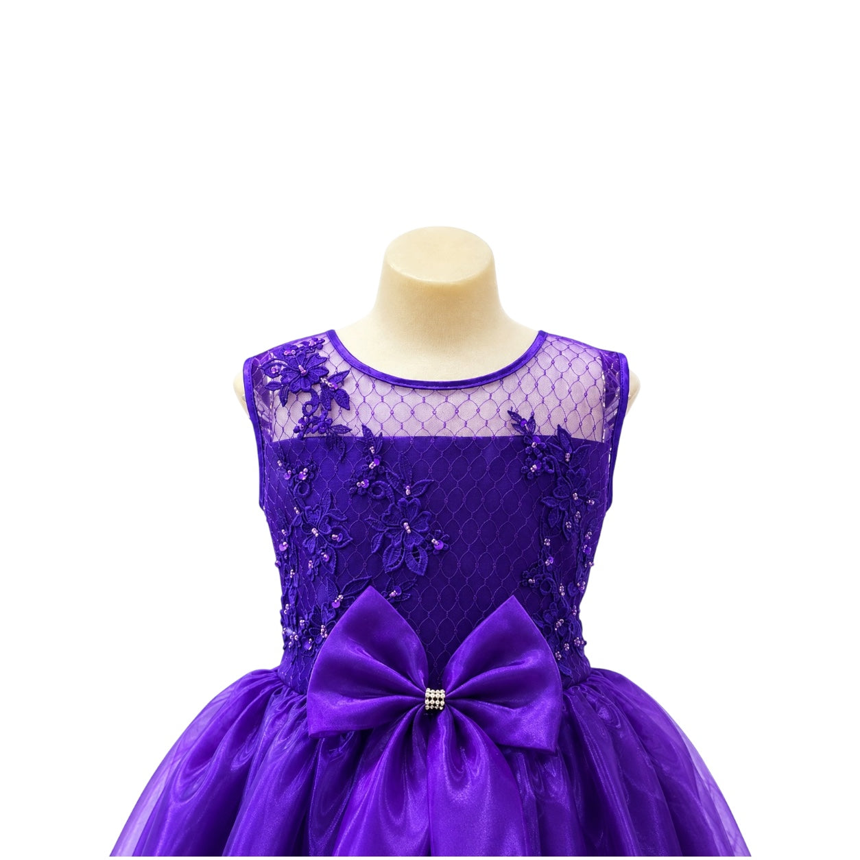 Fancy Kids Purple Floral Embroidered Tulle Dress with Beaded Bodice & Satin Bow