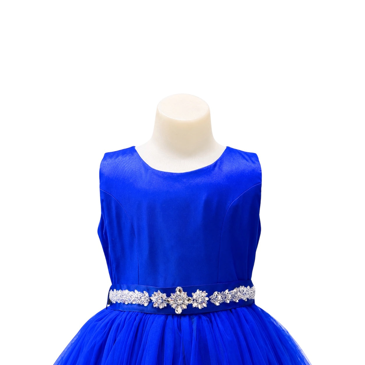Girls' Royal Blue Satin & Tulle Dress with Rhinestone Beaded Sash