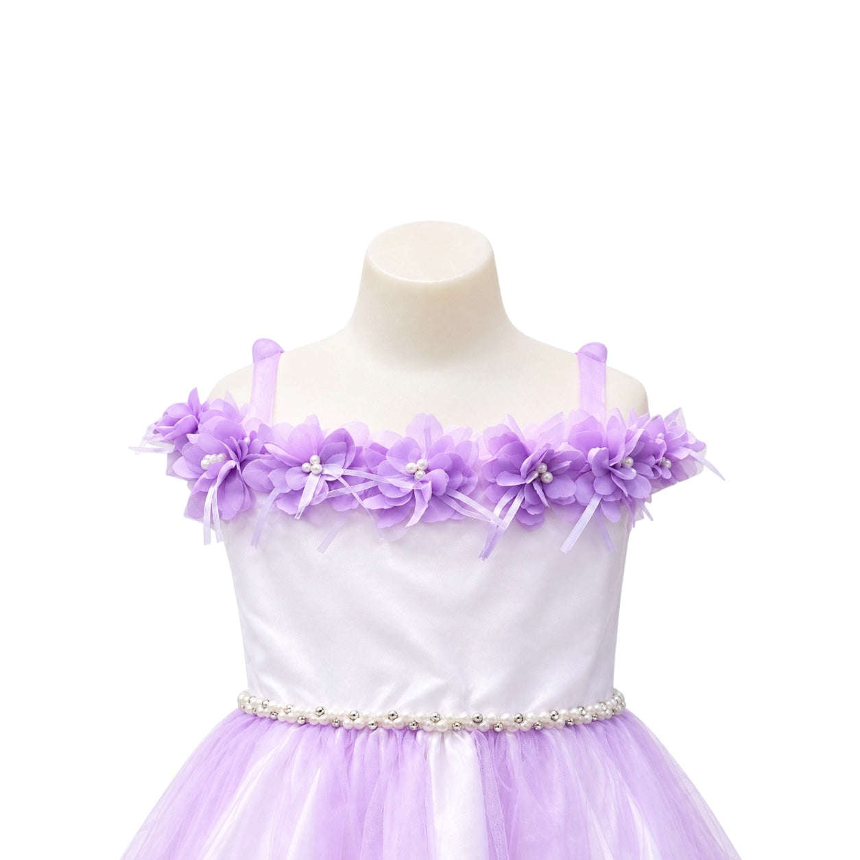 Lilac Floral Off-the-Shoulder Tulle Dress with Pearl Waist