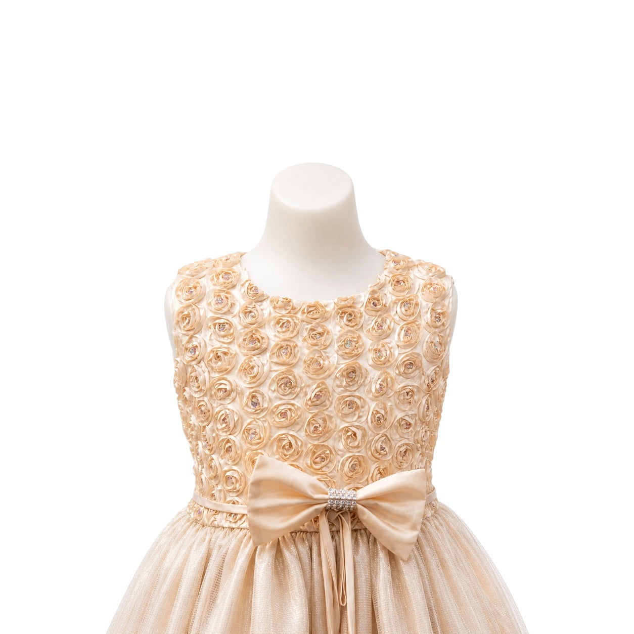 Champagne Rosette Bodice Glitter Tulle Tea-Length Girls' Formal Dress with Satin Bow (Size 8)