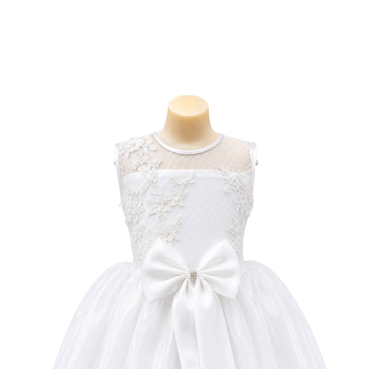 Fancy Kids White Floral Embroidered Tulle Dress with Beaded Bodice & Satin Bow