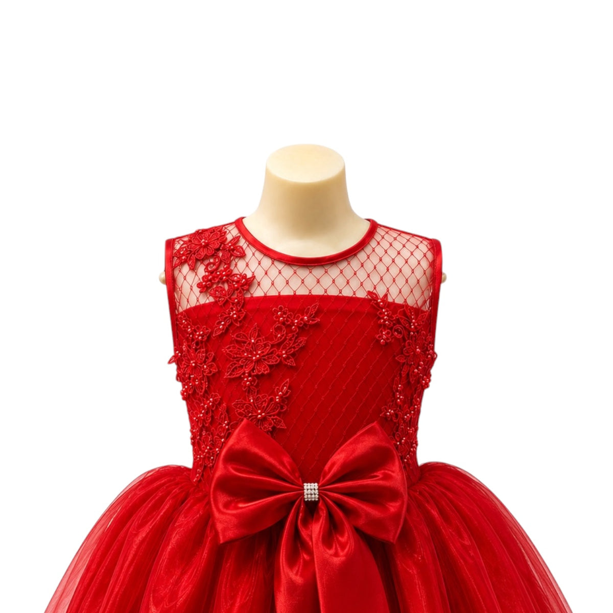 Fancy Kids Red Floral Embroidered Tulle Dress with Beaded Bodice & Satin Bow