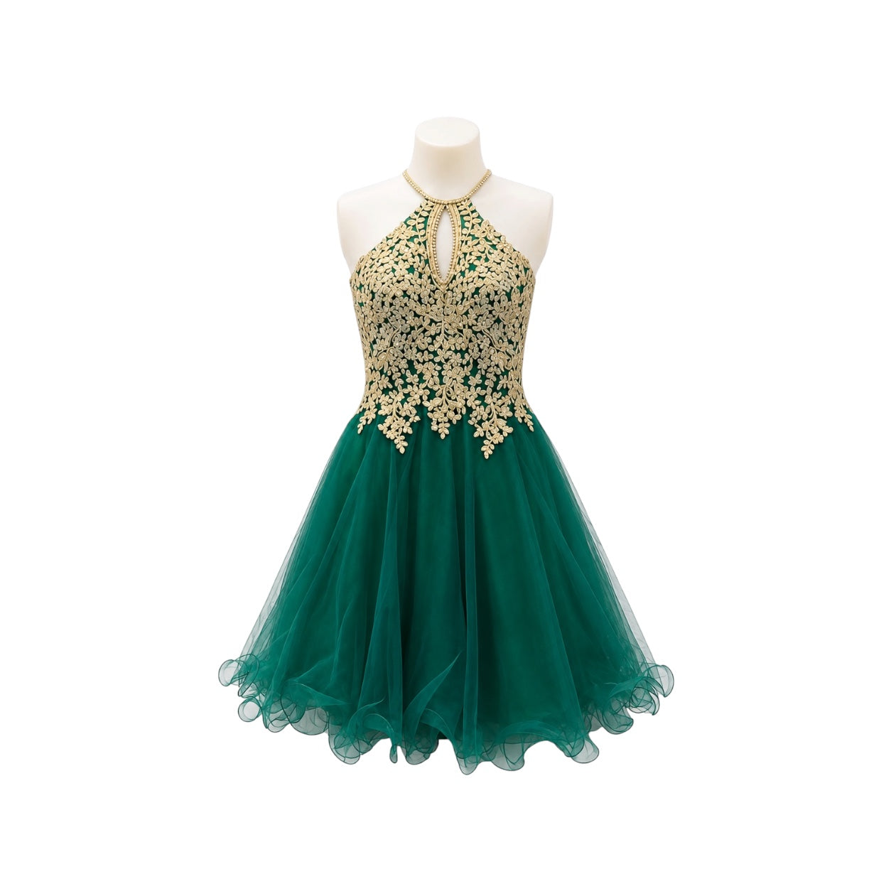 Emerald Green & Gold Halter Embroidered Jr. Dress with Tulle Skirt (S)