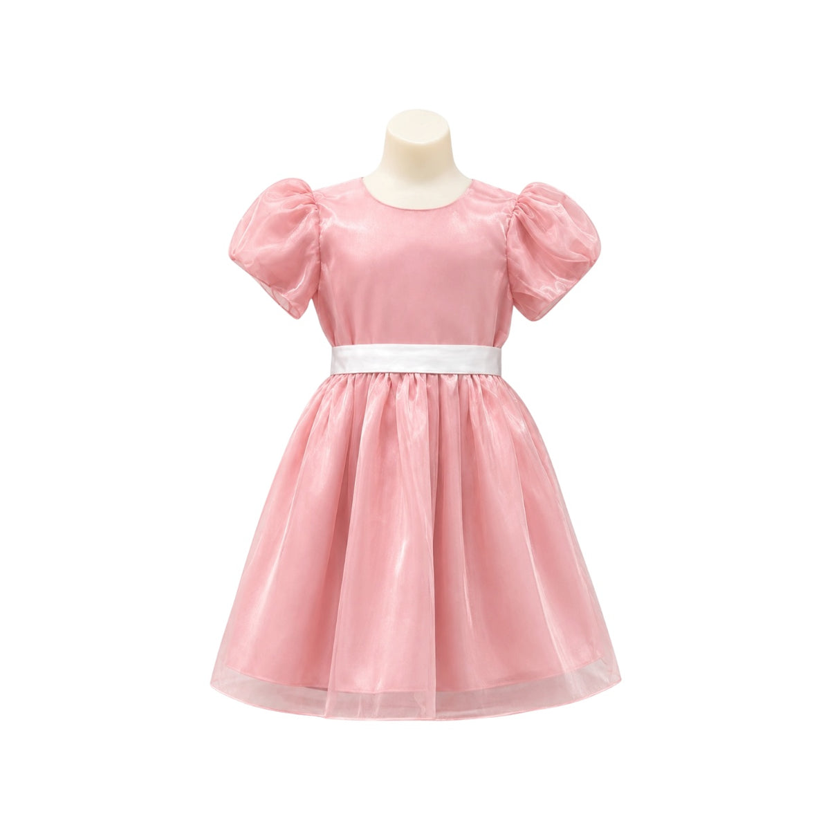 Girls' Blush Pink Puff Sleeve Dress with White Satin Sash (Size 10)